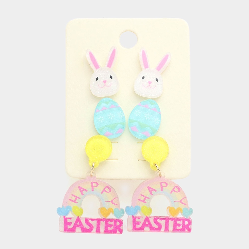 3Pairs - Glittered Resin Bunny Egg Happy Easter Message Earrings
